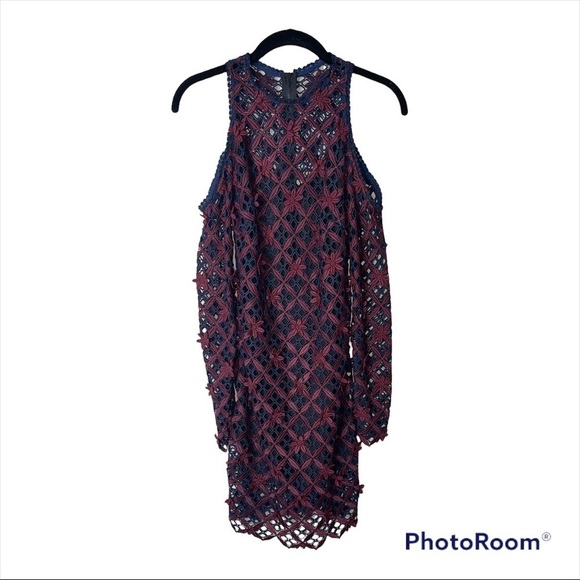 SELF-PORTRAIT Red Blue Guipure Lace Cold Shoulder Mini Dress Size 0 - Picture 11 of 14